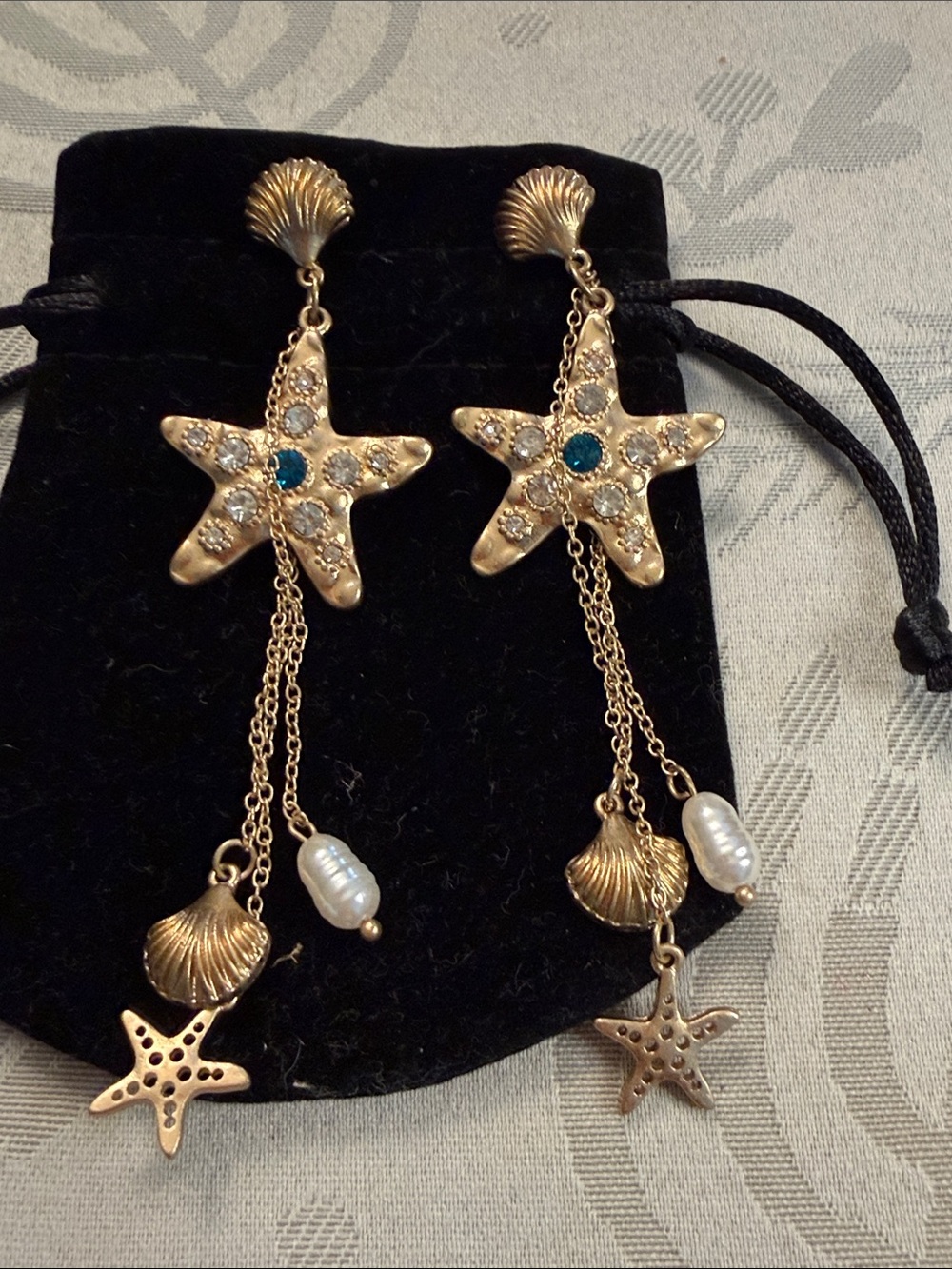 Fashion Jewelry Gold Starfish Drop Earrings with Blue and Pearl Accents
